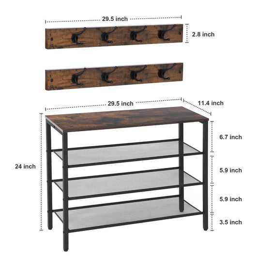 Rustic wooden 4-tier shoe rack with coat hook and grid rack design
