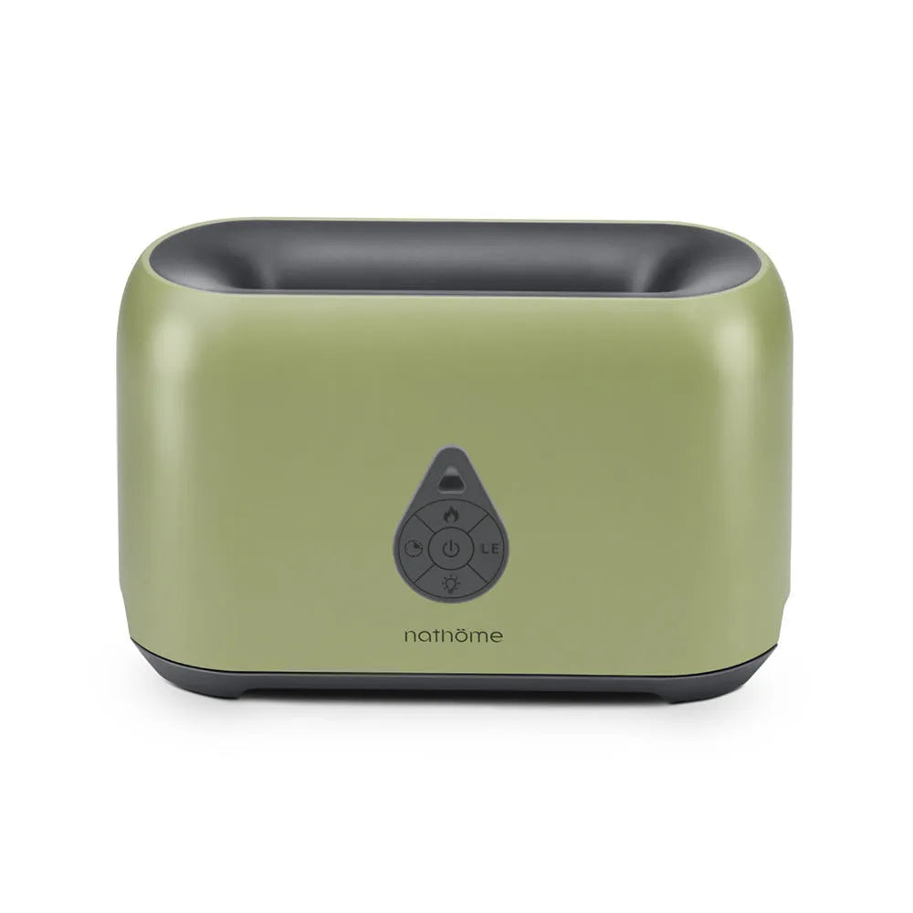 Mini remote control flame diffuser air humidifier, round plastic USB unit with 2-8 hour timer, shown in white, pink, green or grey
