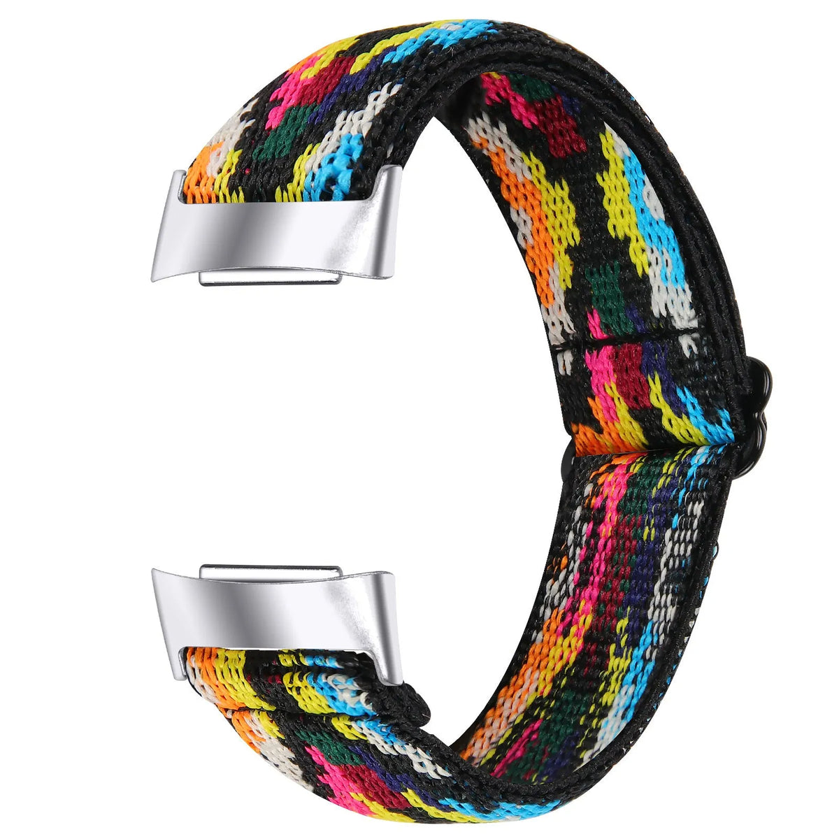 Printed elastic watch strap compatible with Fitbit Charge 6 shown in adjustable position