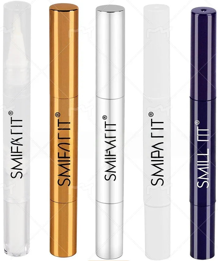 Teeth whitening pen with brush applicator in plastic white and gold aluminium case options