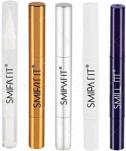 Teeth whitening pen with brush applicator in plastic white and gold aluminium case options