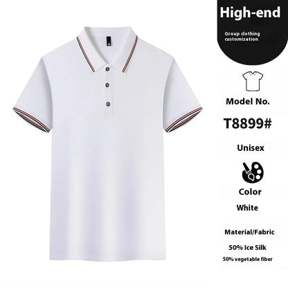 Solid colour Ice Silk polo shirt for work and casual wear in various colours on a hanger.