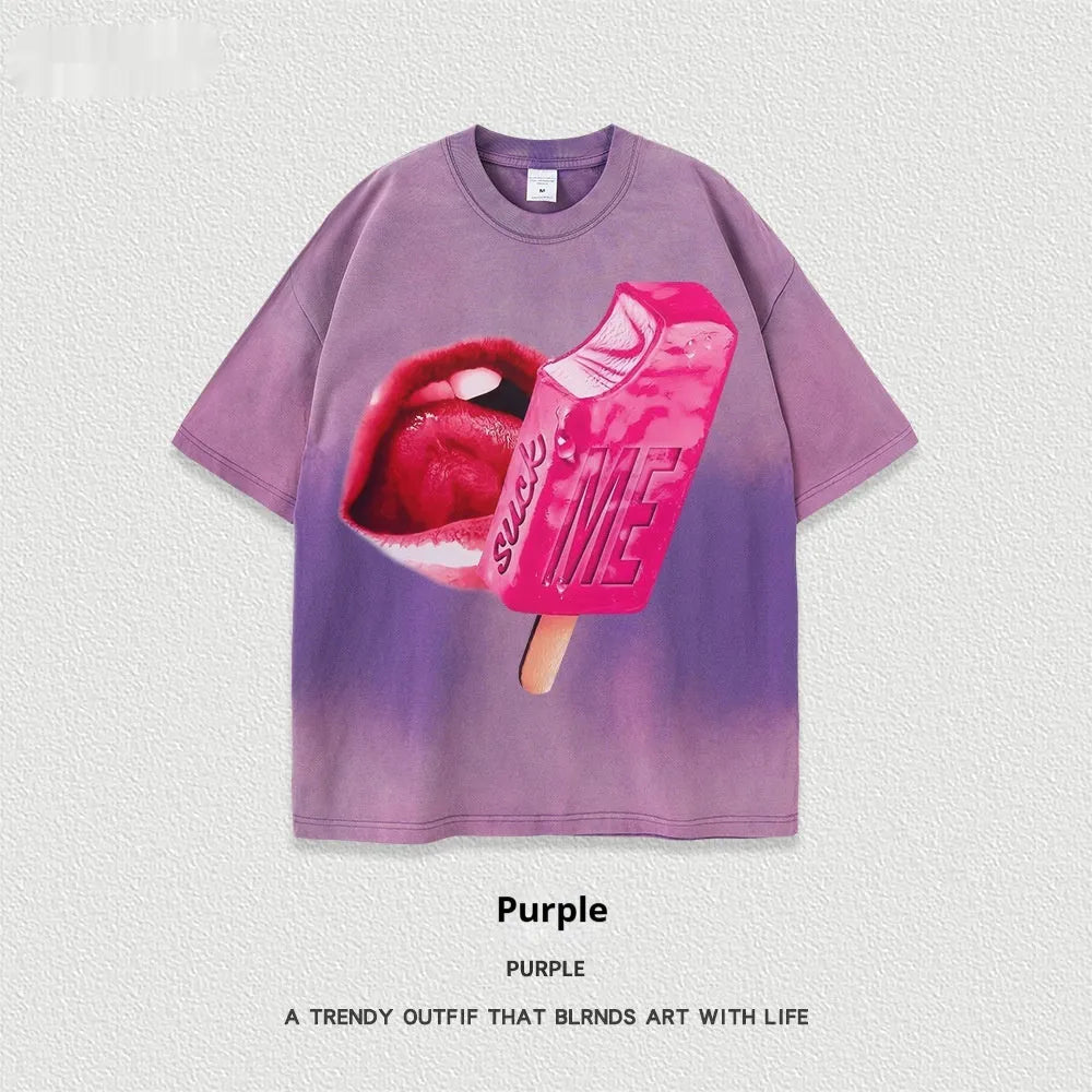 A loose-fit heavy washed cotton T-shirt with a cartoon print, shown in a selection of available colours.