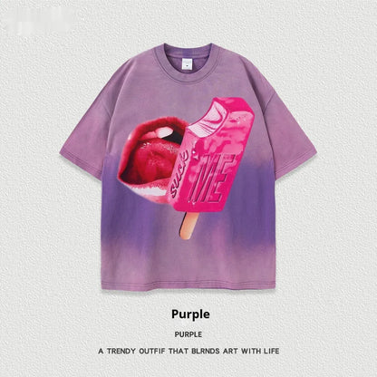A loose-fit heavy washed cotton T-shirt with a cartoon print, shown in a selection of available colours.