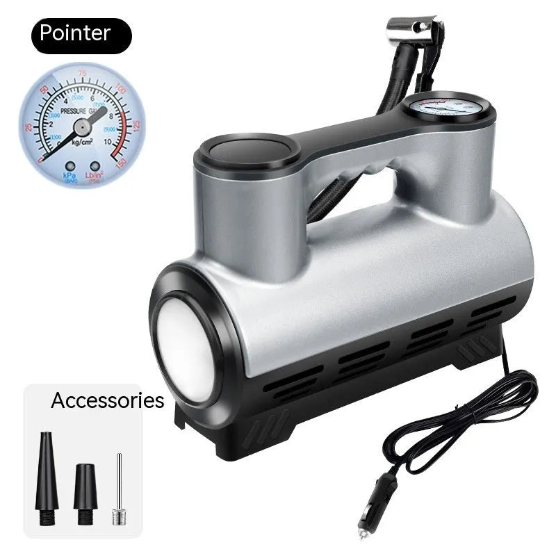 Compact black 12V portable car tyre inflator with digital display, pressure gauge, and power cable