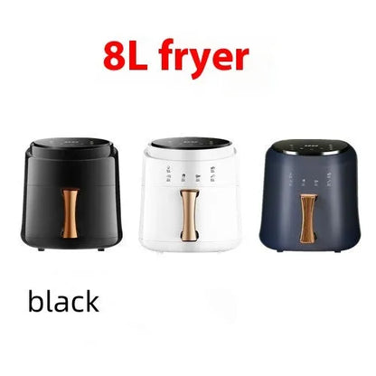 Black 8L air fryer with visual touch screen and 1400W power, product size 320x270x272mm
