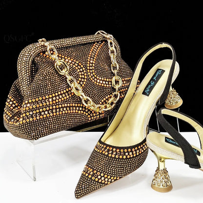 Women's pointed toe high heels with rhinestones and a matching small bag in blue.