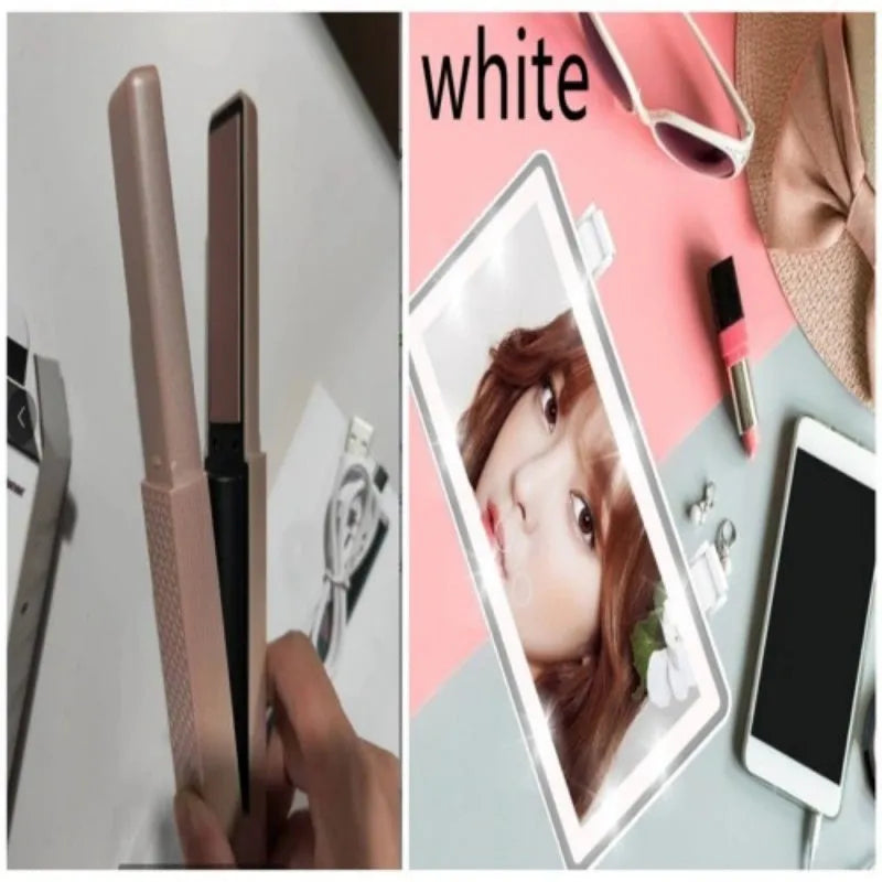 Pink and green cordless mini USB hair straightener and curler with ceramic plates.