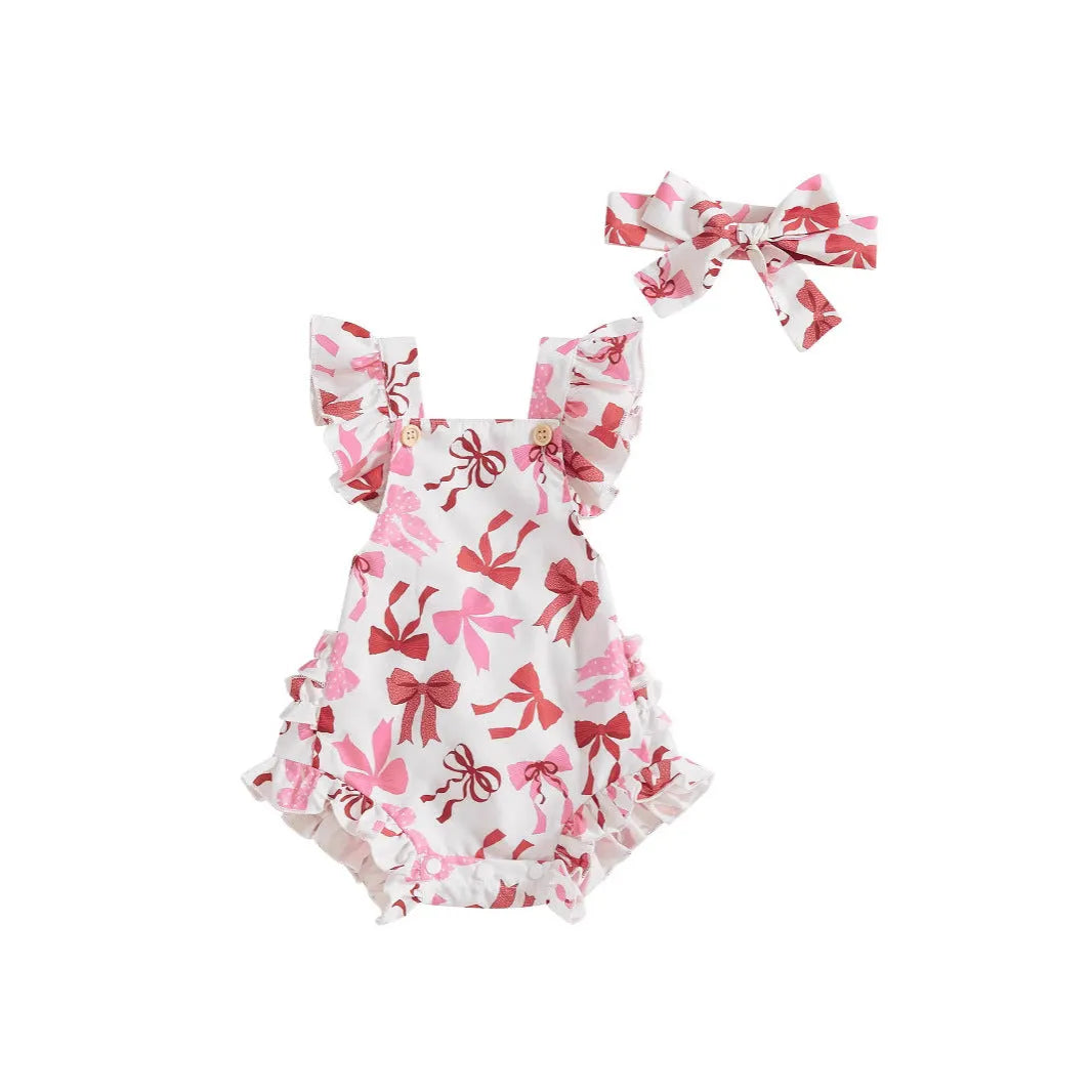 Girls floral print dress with matching headband, short sleeve pullover, available in pink, red, green, and brown, sizes 0-18 months.