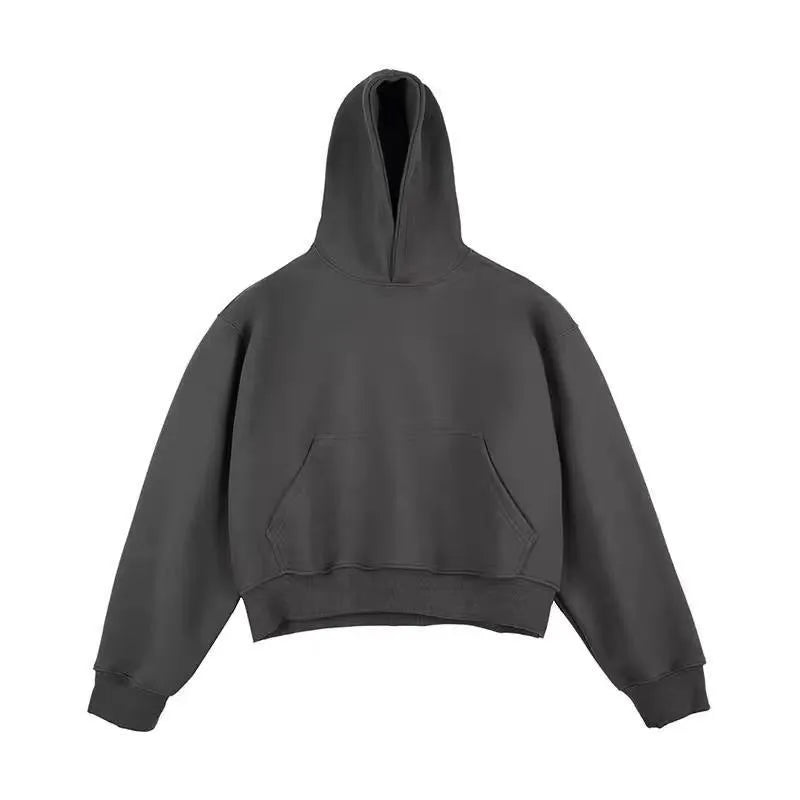 Short Chinese cotton composite hooded sweater with removable hood in dark grey.