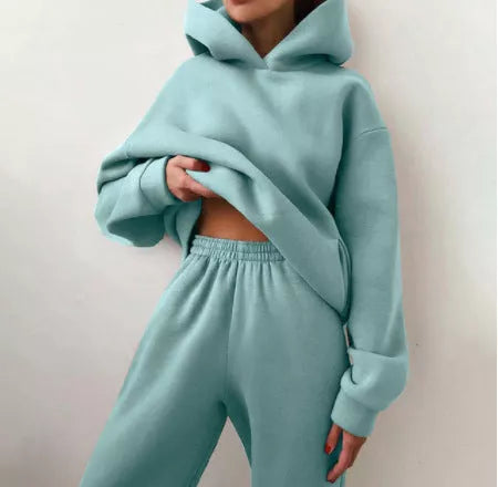 Women's casual hooded sweater two-piece suit in corduroy fabric, available in multiple colours and sizes