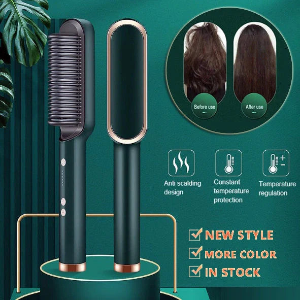 Red 2-in-1 hair straightener and hot comb with tourmaline ceramic plates and digital temperature display