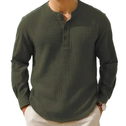 Slim fit long sleeve shirt with round neck and 3/4 sleeves in linen-style fabric