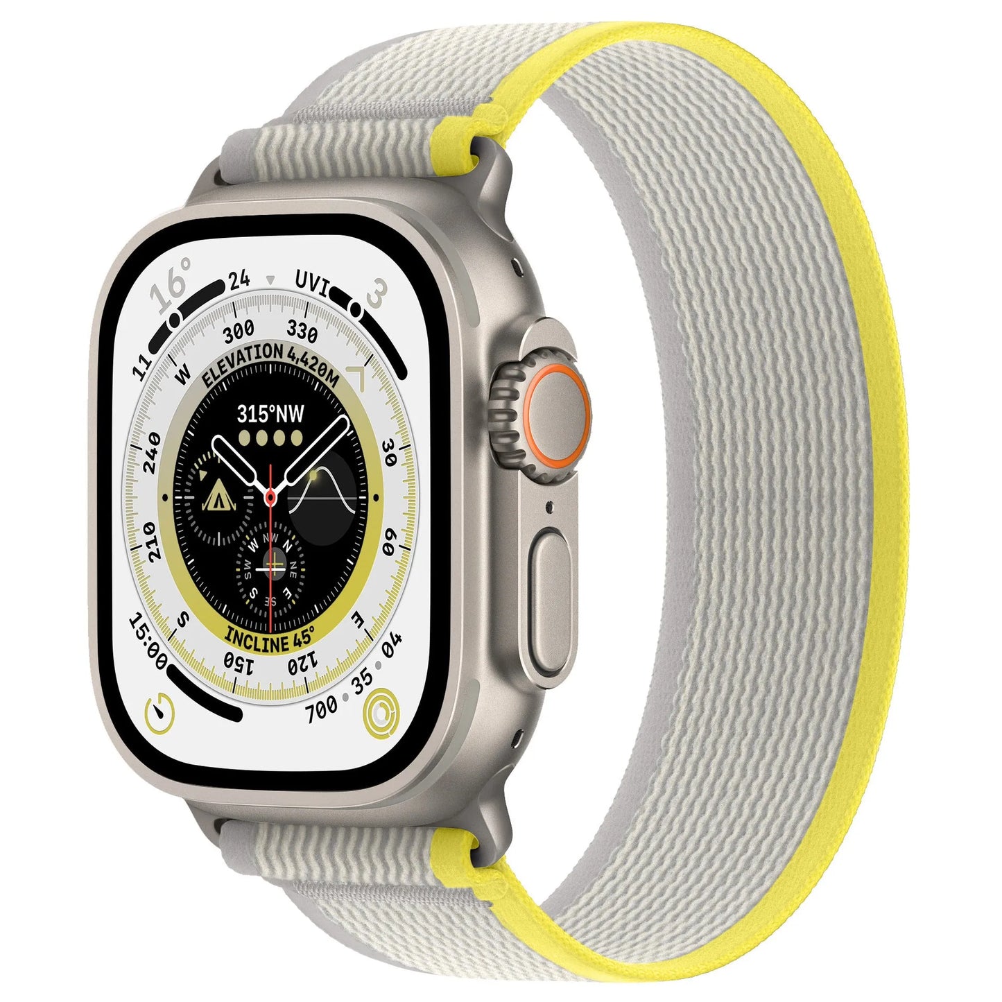 Nylon Apple Watch band with single ring strap closure in multiple colour options on a wrist