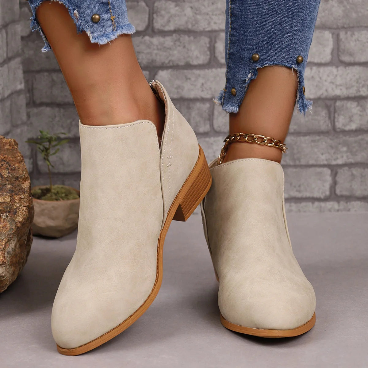 Women's chunky heel pointed toe ankle boots with V-cut design in khaki, off white, black, and pink