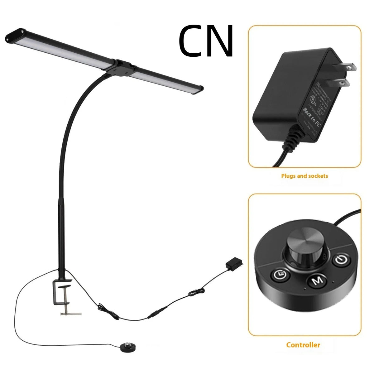Black LED double-headed gooseneck table lamp with knob remote control, 62cm to 76cm, modern desk lamp