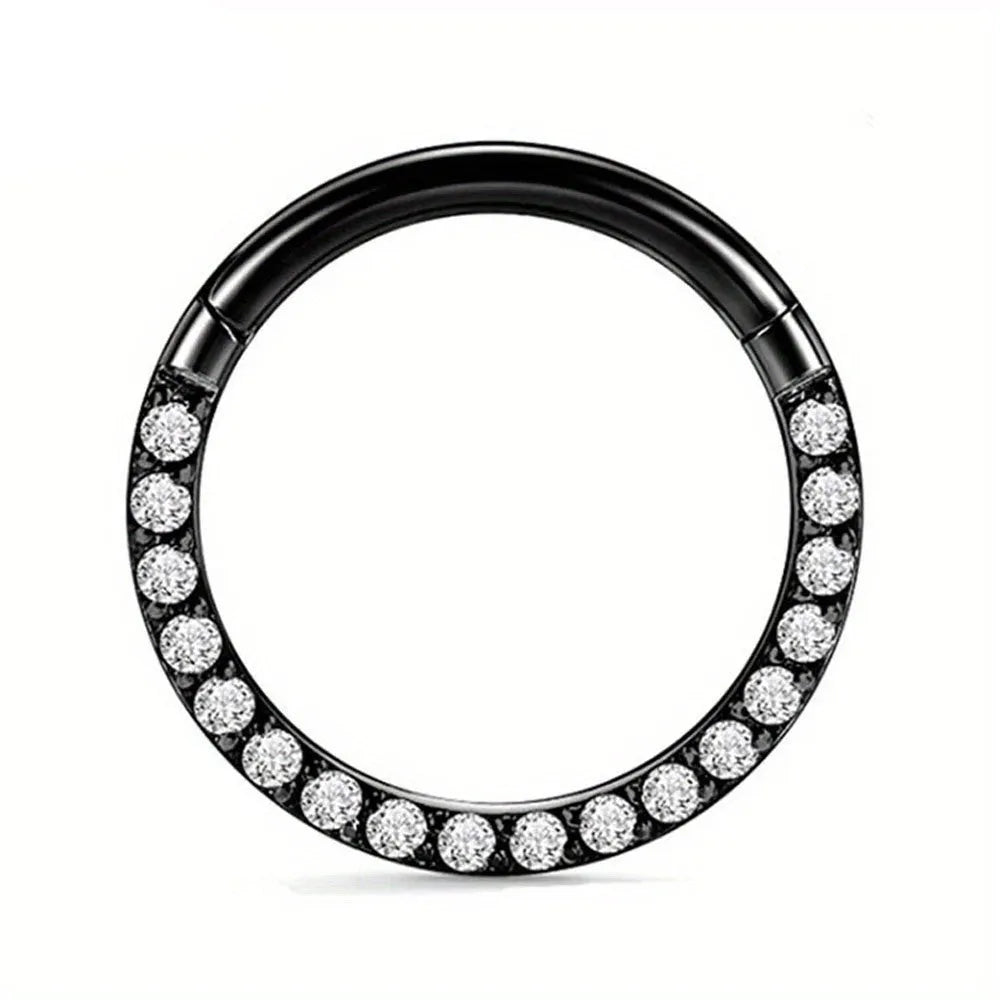 A seamless round hoop nose ring in stainless steel, shown alongside gold and rose gold colour options.
