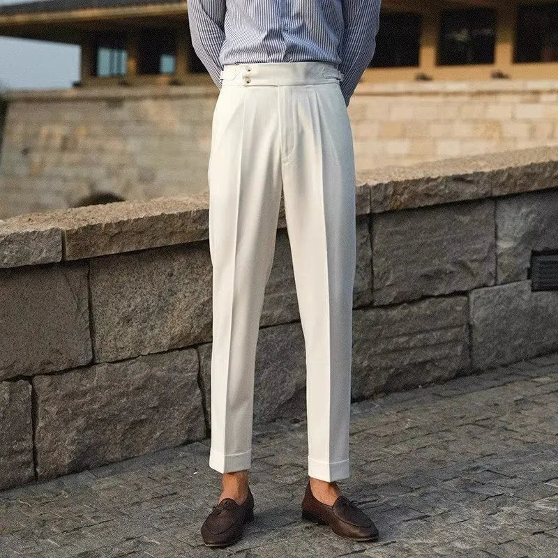 Slim fit straight leg business trousers in apricot colour on a hanger