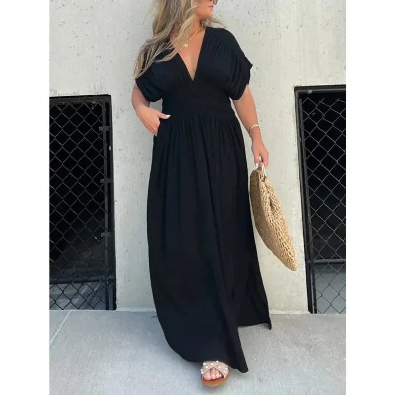 Elegant bat-sleeve v-neck slit dress in a variety of summer colors, featuring a flattering silhouette and comfortable polyester fabric