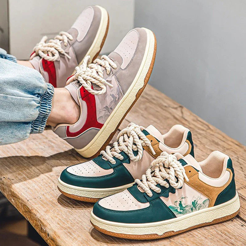 Comfortable lace-up casual shoes for men in various colors featuring soft, thick soles, breathable mesh lining, and stylish stitching details