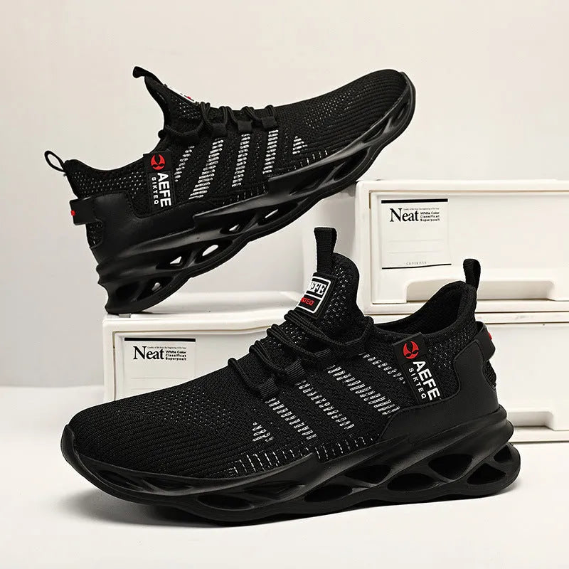Men's black mesh casual running shoes with cross-strap detail and white MD sole, shown from the side.