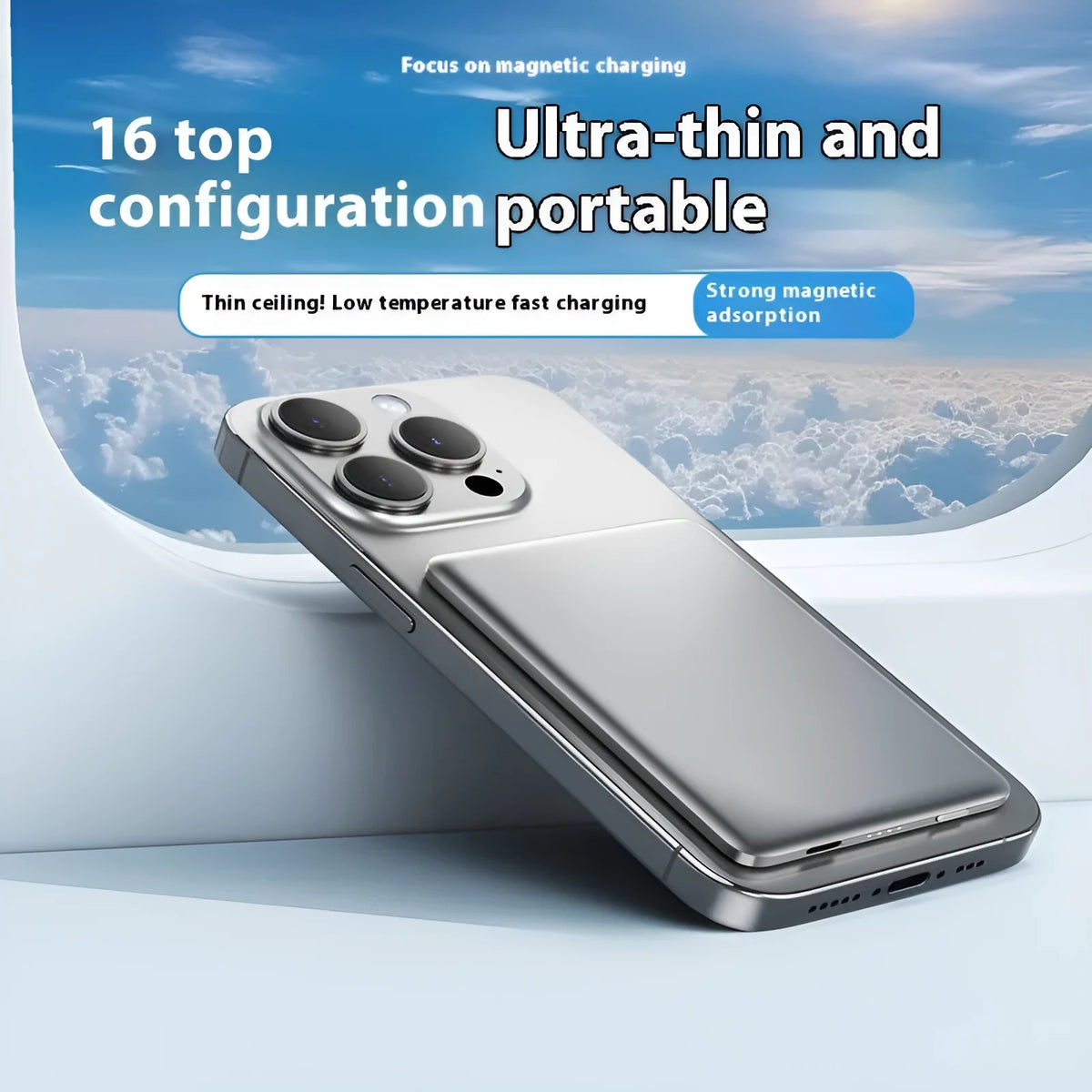 Gun grey magnetic wireless power bank with ultra-thin 9mm alloy design showing dimensions