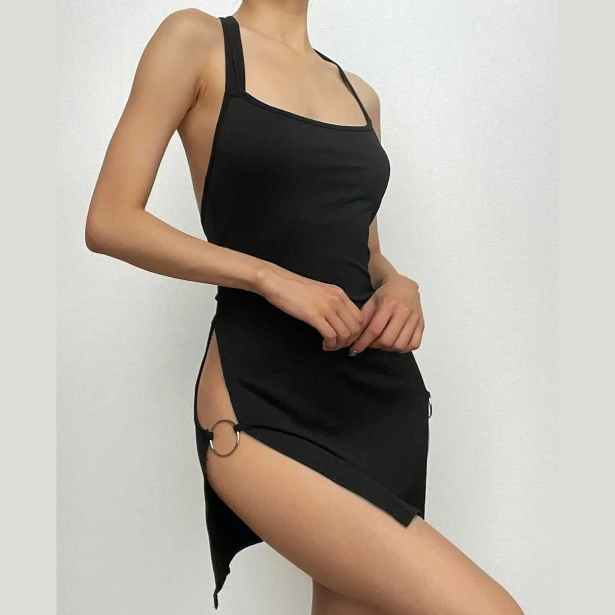 Backless Hollow-out Halter Women's Tight Dress in milk silk, available in black, cameo brown, red, green, and rose red.