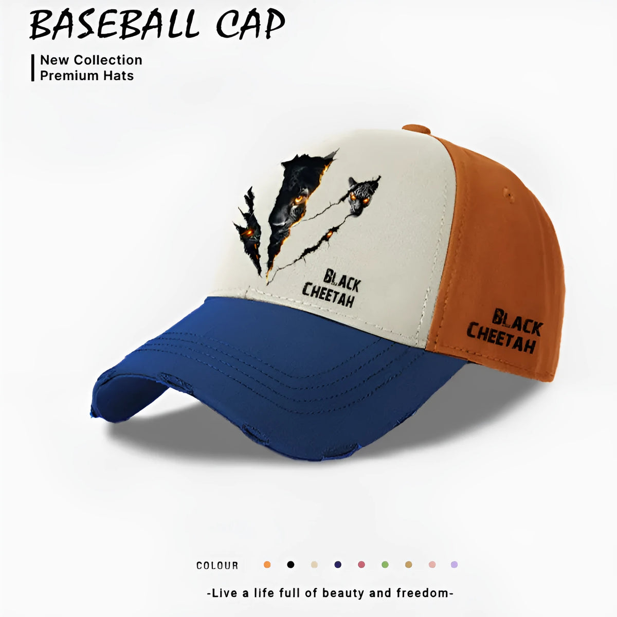 Men's European and American style baseball cap in polyester available in beige, black, and blue colours