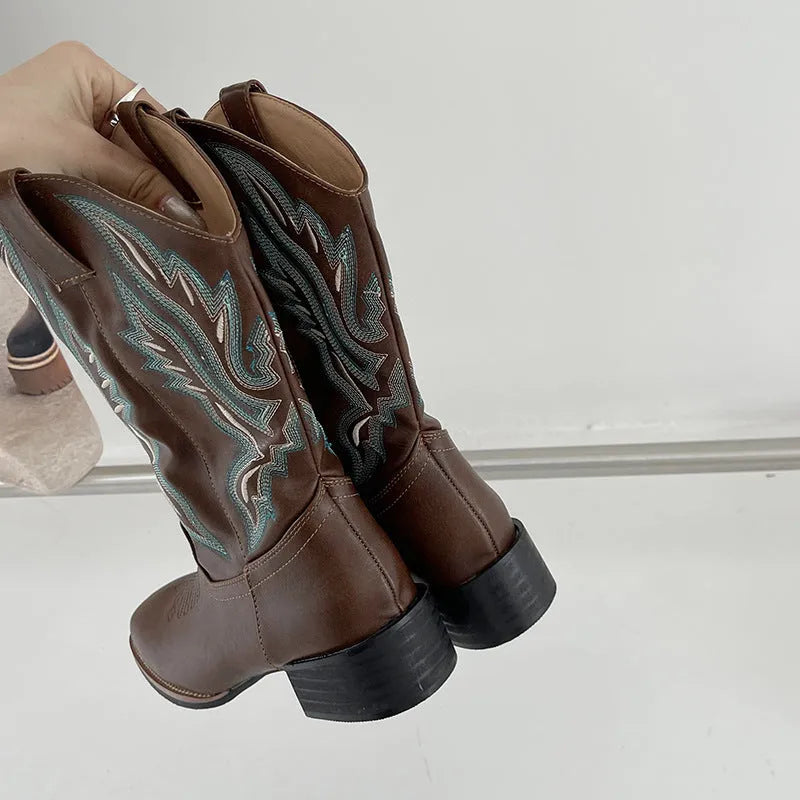 Brown women's mid-calf embroidered Martin boots with leather lining and square heels