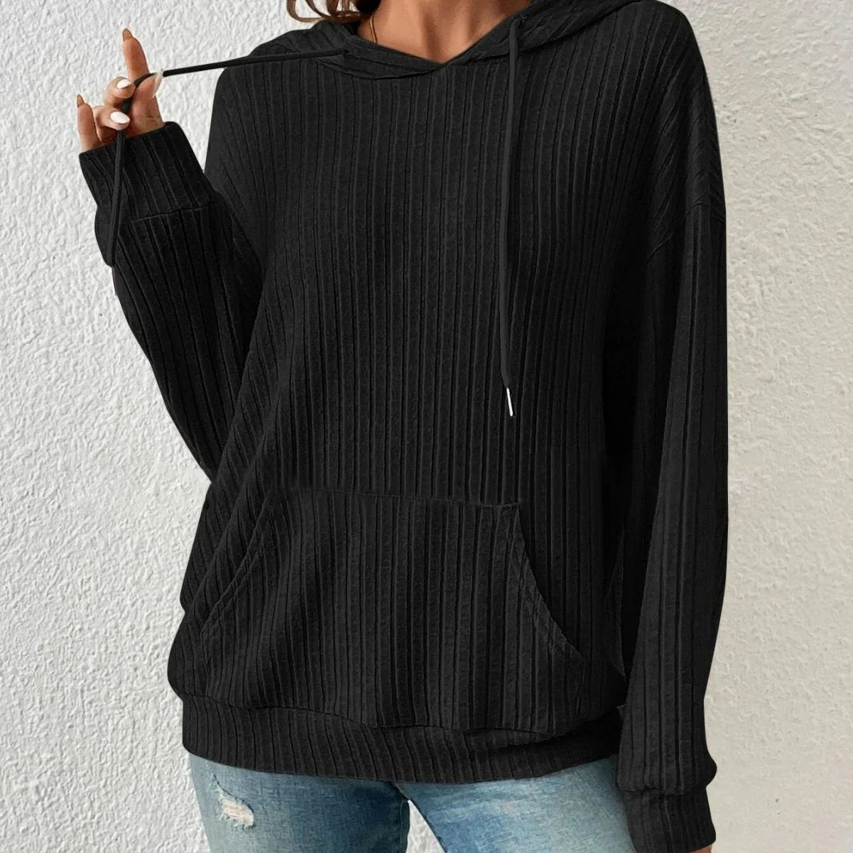 A stylish and comfortable hooded sweatshirt with drawstring and pockets, available in various colors.