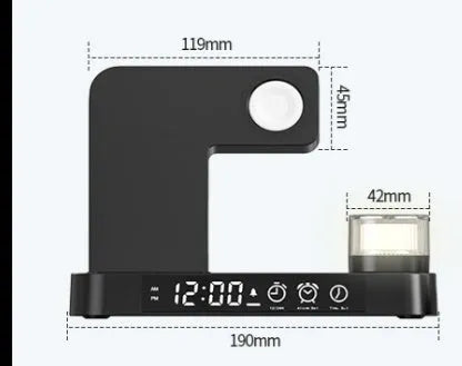 White 4-in-1 wireless charger station with foldable stand, alarm clock display, and Apple Watch charger