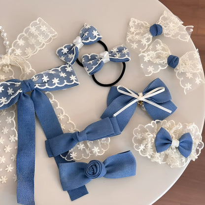 Women's cloth hair barrettes in beige lace, blue bow, oval, pearl butterfly and ribbon pastoral styles