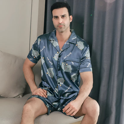 Men's ice silk short sleeve pajama set in cardigan style with top and pants