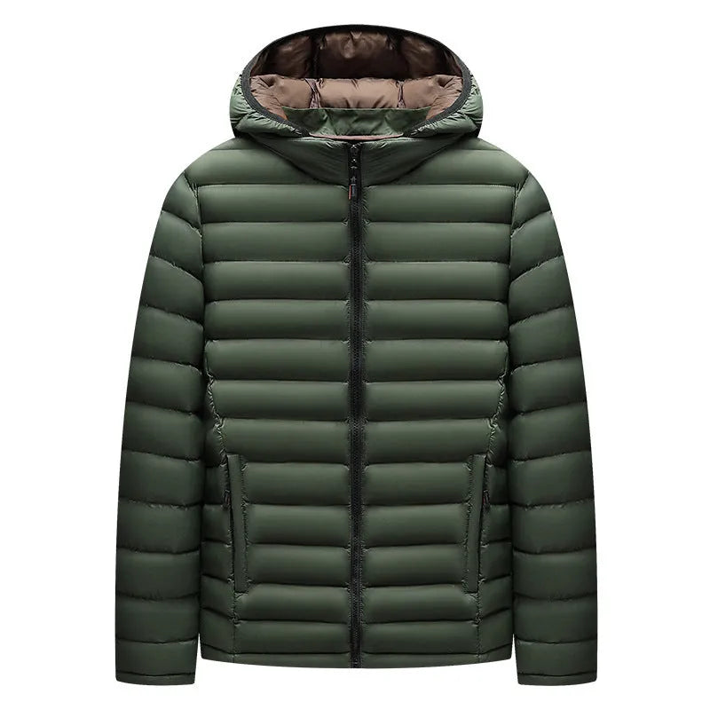Men's solid-colour hooded down jacket with a detachable collar and zippered pockets.