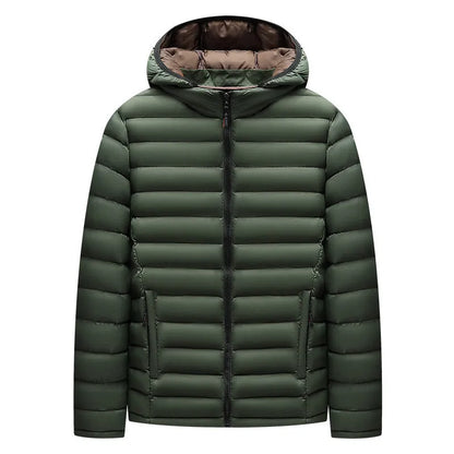 Men's solid-colour hooded down jacket with a detachable collar and zippered pockets.