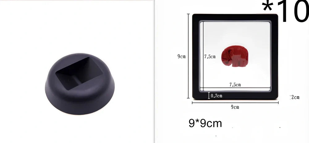 Black 11x11cm suspended 3D floating display frame holding a coin, with square base for stable collectible showcase