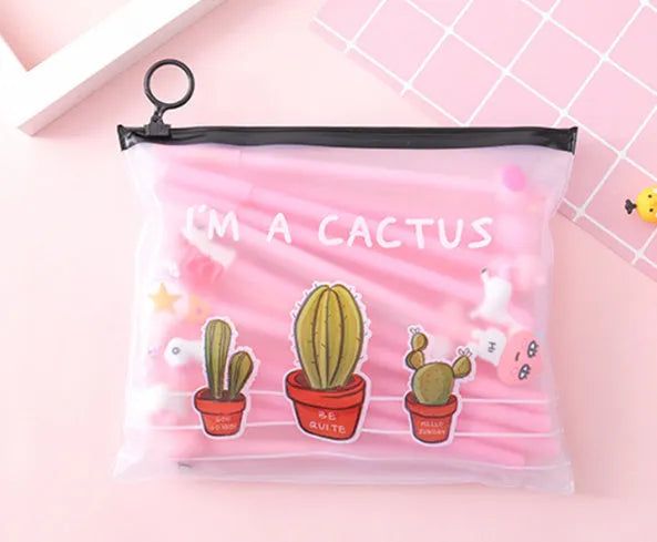 Marvel cactus character 20-pen set with 21cm plastic storage case showing 0.5mm black ink pens