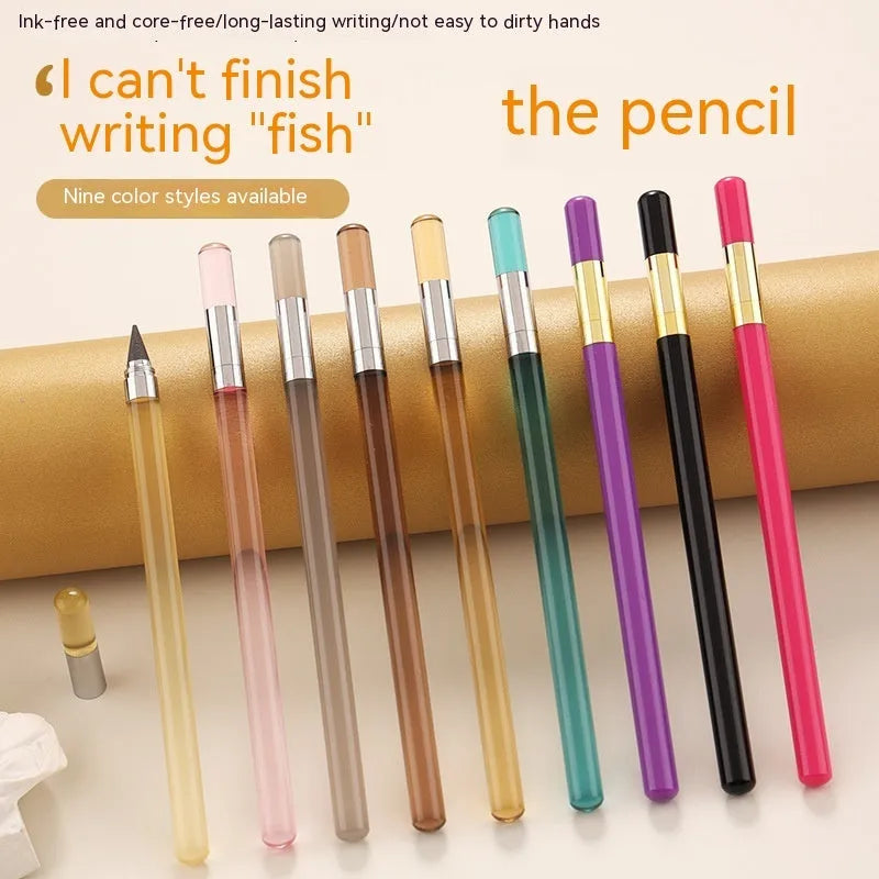 Transparent acrylic eternal pencil with alloy writing tip shown in multiple colour options