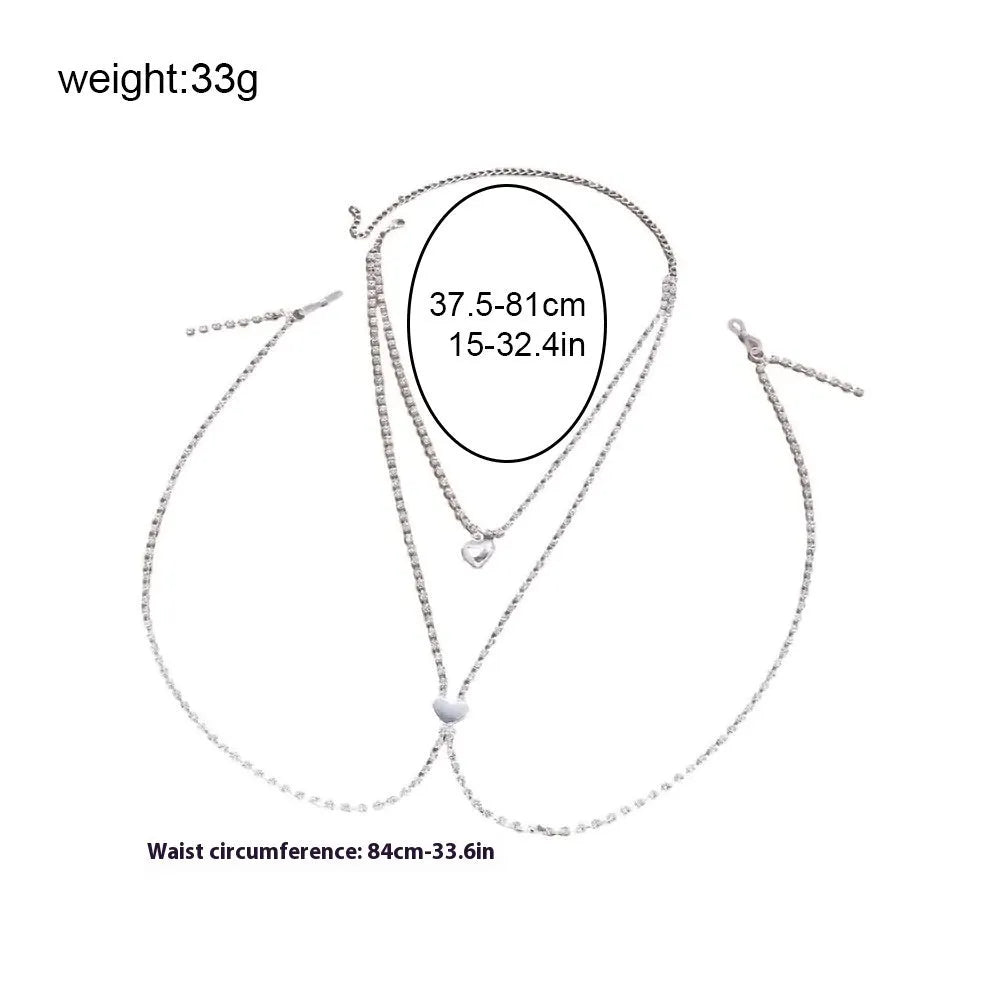 Gold or silver electroplated heart-shaped body chain with rhinestone and stone decoration for women