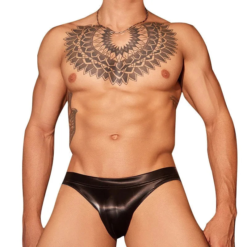Men's black hip small cut briefs made from shark skin lace polyester fabric