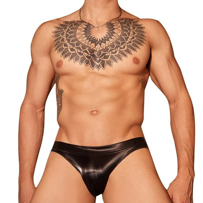 Men's black hip small cut briefs made from shark skin lace polyester fabric