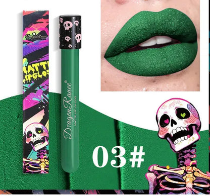Halloween creative makeup lip gloss in test tube skull container with retro matte gold silver finish