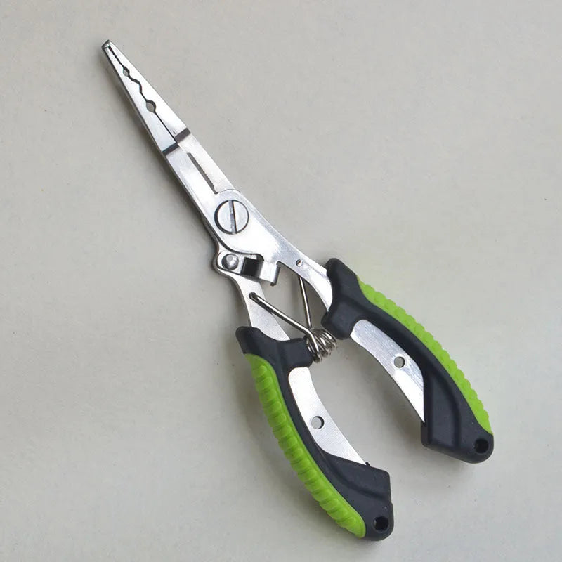 SS420 steel fishing pliers with ABS plastic handle in blue, green or red, shown with nylon bag and carrying strap