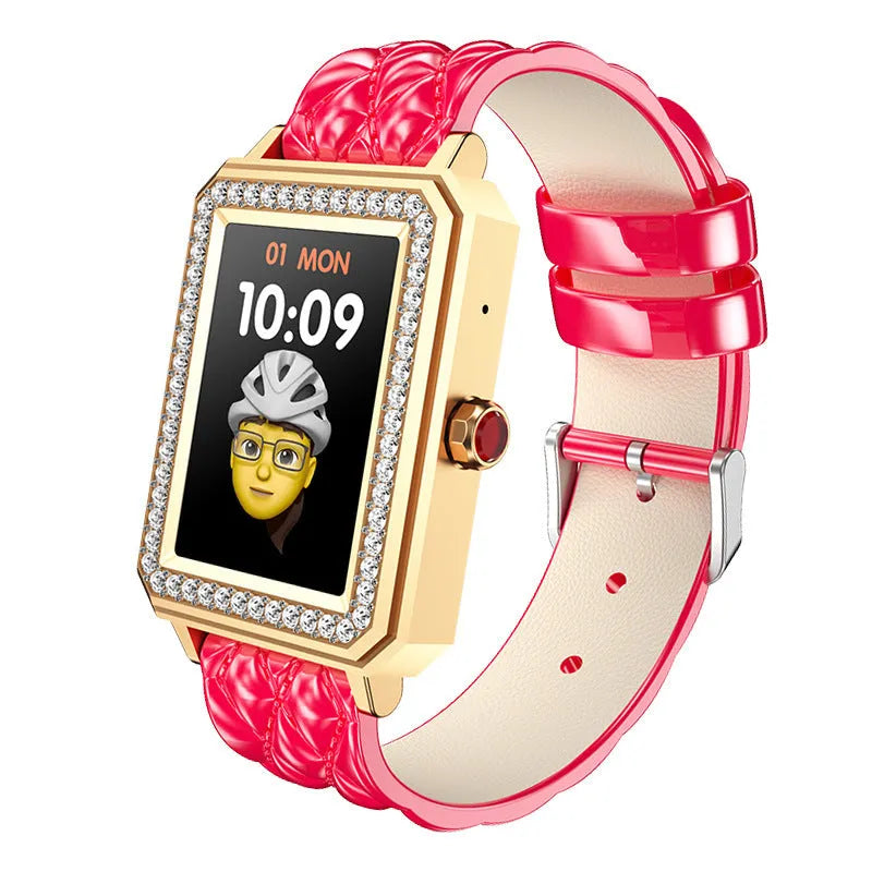 Women's smart bracelet with leather strap showing 1.65-inch HD screen displaying health data.