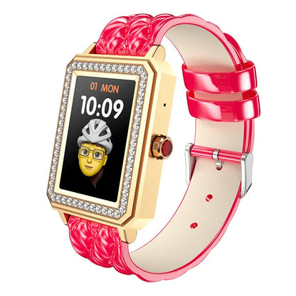Women's smart bracelet with leather strap showing 1.65-inch HD screen displaying health data.