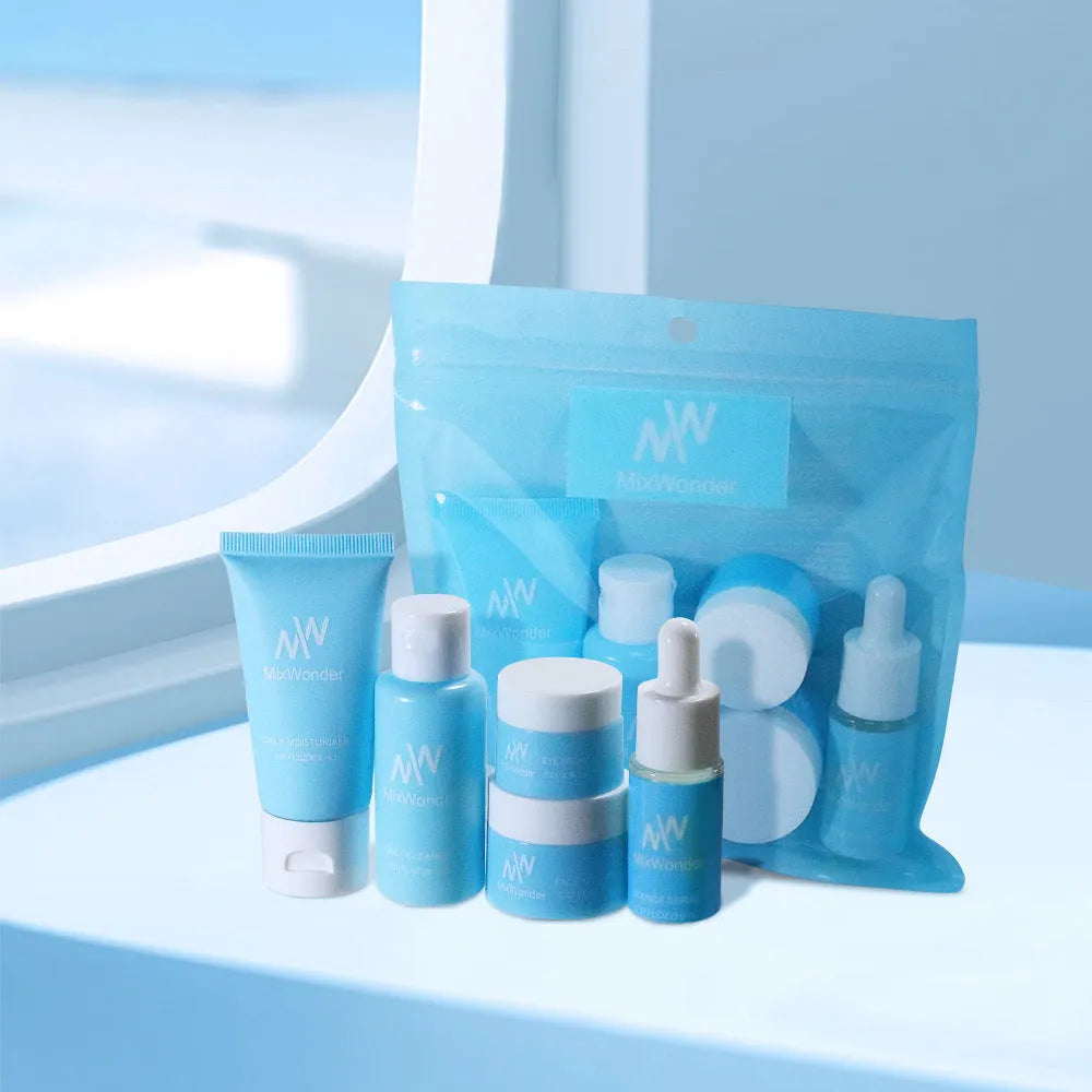 Five-piece travel skincare set with moisturising, cleansing, tonic, lotion, cream and eye lotion products