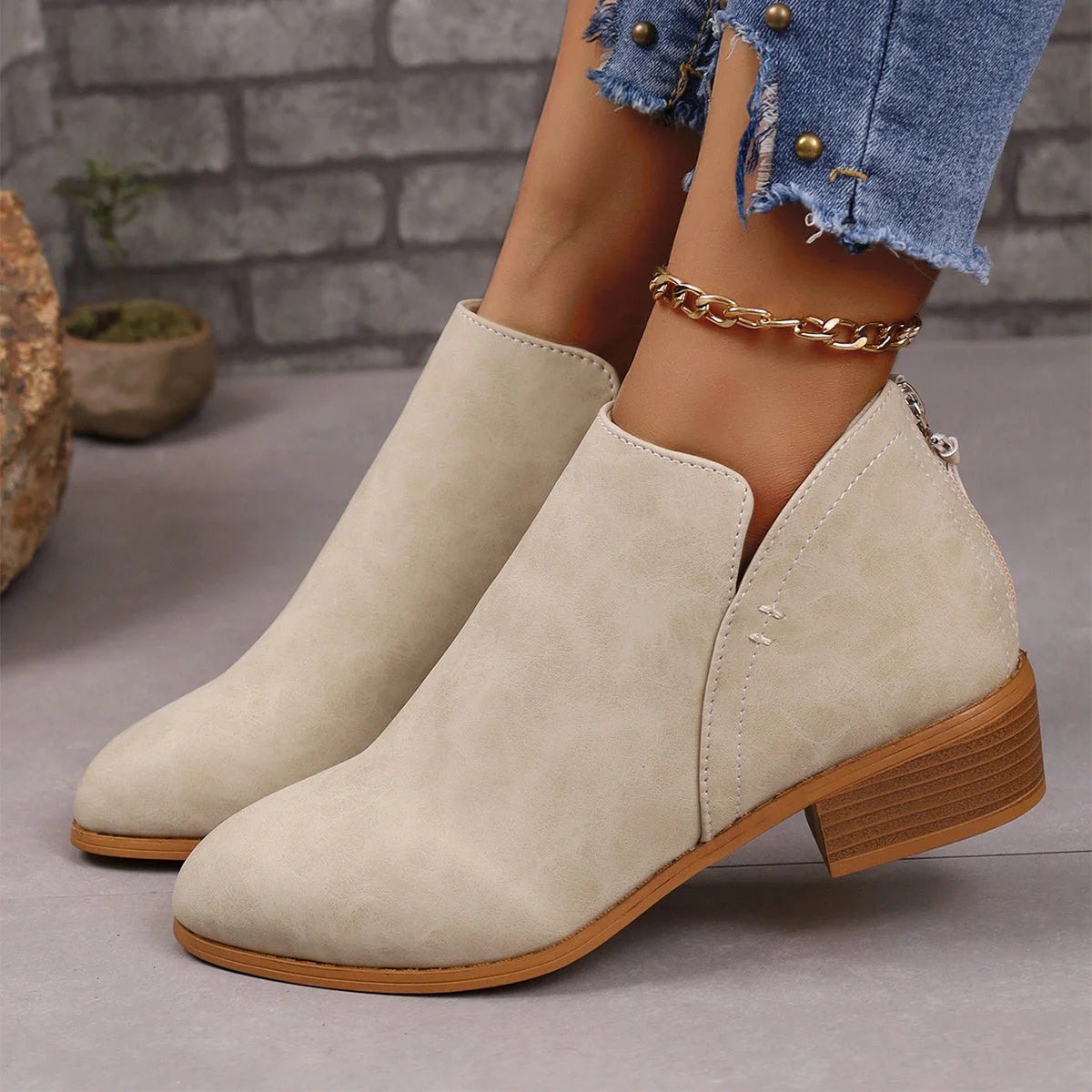 Women's chunky heel pointed toe ankle boots with V-cut design in khaki, off white, black, and pink