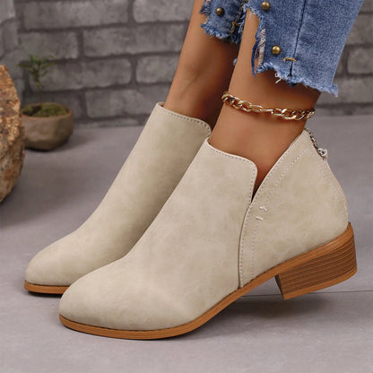 Women's chunky heel pointed toe ankle boots with V-cut design in khaki, off white, black, and pink