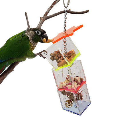 Transparent acrylic bird foraging toy with dimensions 5 cm by 5 cm by 32 cm.