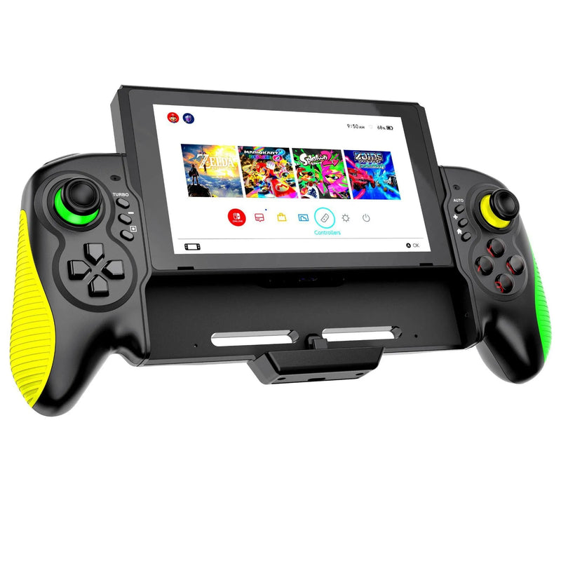 Game controller with somatosensory burst function featuring in-line handle design for Switch and PC Windows systems, made from ABS plastic in yellow-green colour with Type-C power connection